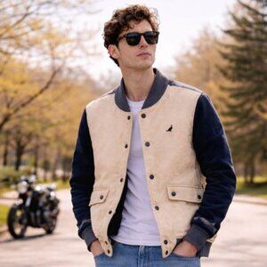 Staple Quilted Bomber Jacket, Beige/Navy, Size M